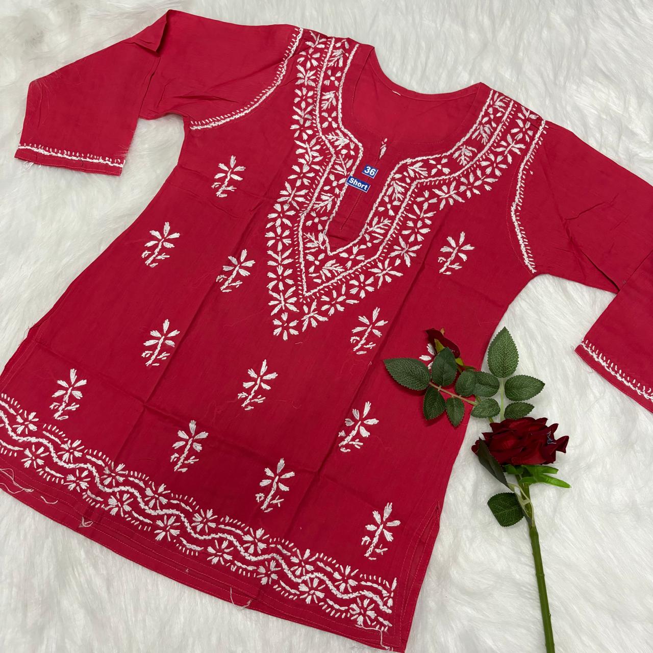 Ziya Pure Cotton Chikankari Short Top -Gazri Colour