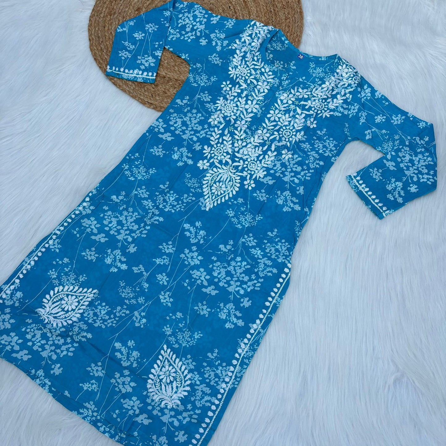 Mahira Sharma Inspired Pure Mulmul Printed Chikankari Handwork Kurti - Blue Colour