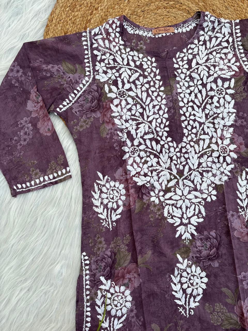 Zaina Pure Mulmul Chikankari Handwork Kurti - Purple Colour