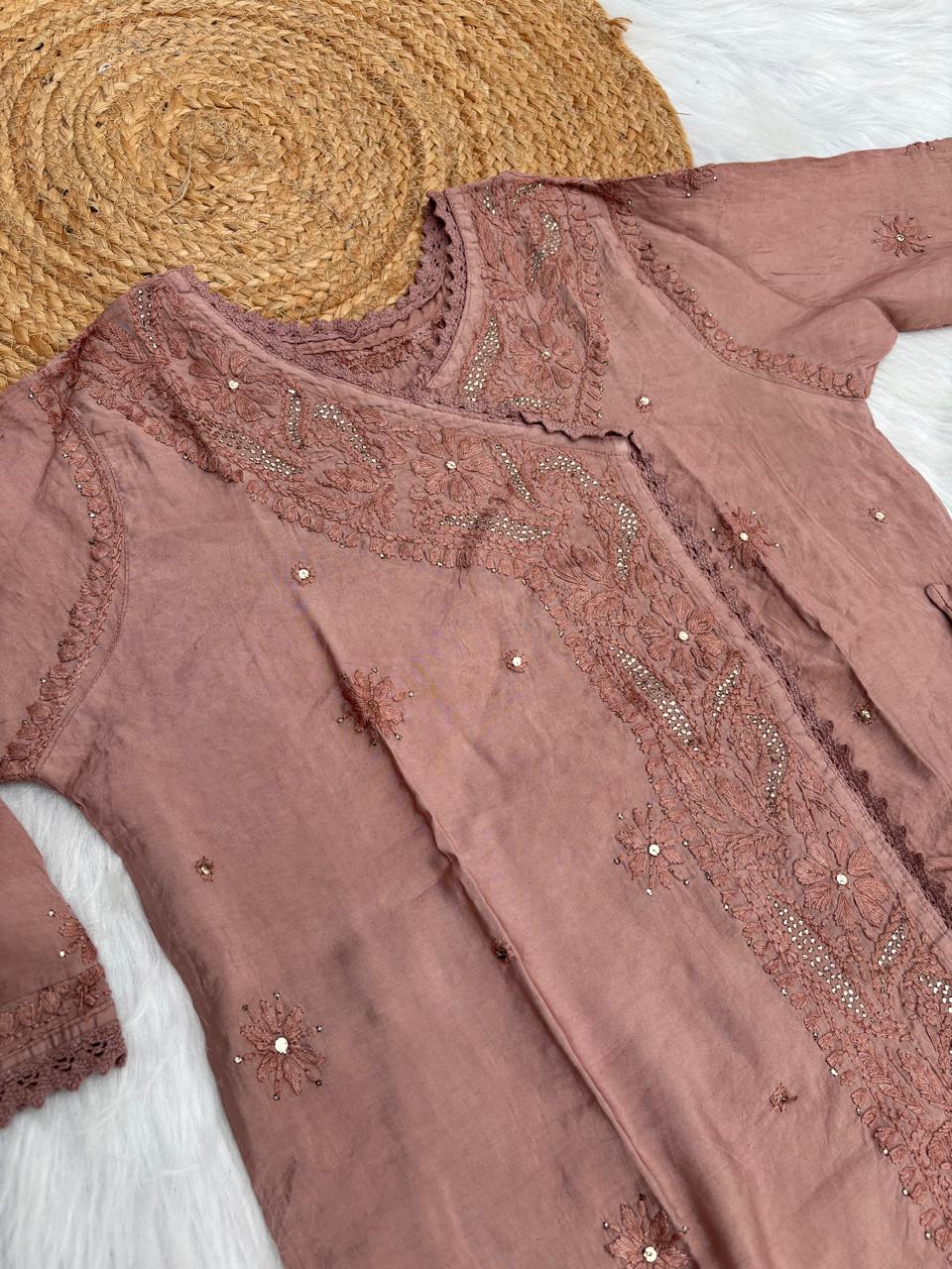 Naaz Chanderi Angrakha style Chikankari Kurti with Mukaish work - Brown Colour