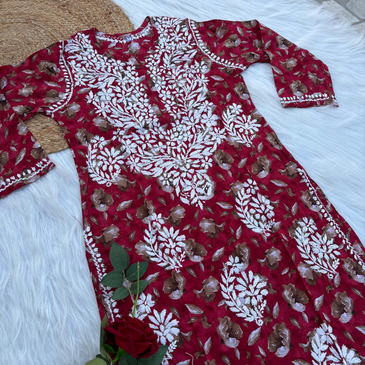 Sana Pure Mulmul Chikankari  Handwork Kurti - Red Colour