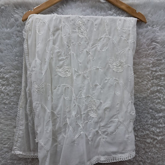 Chiffon Chikankari Dupatta With Qureshia  Lace - White Color