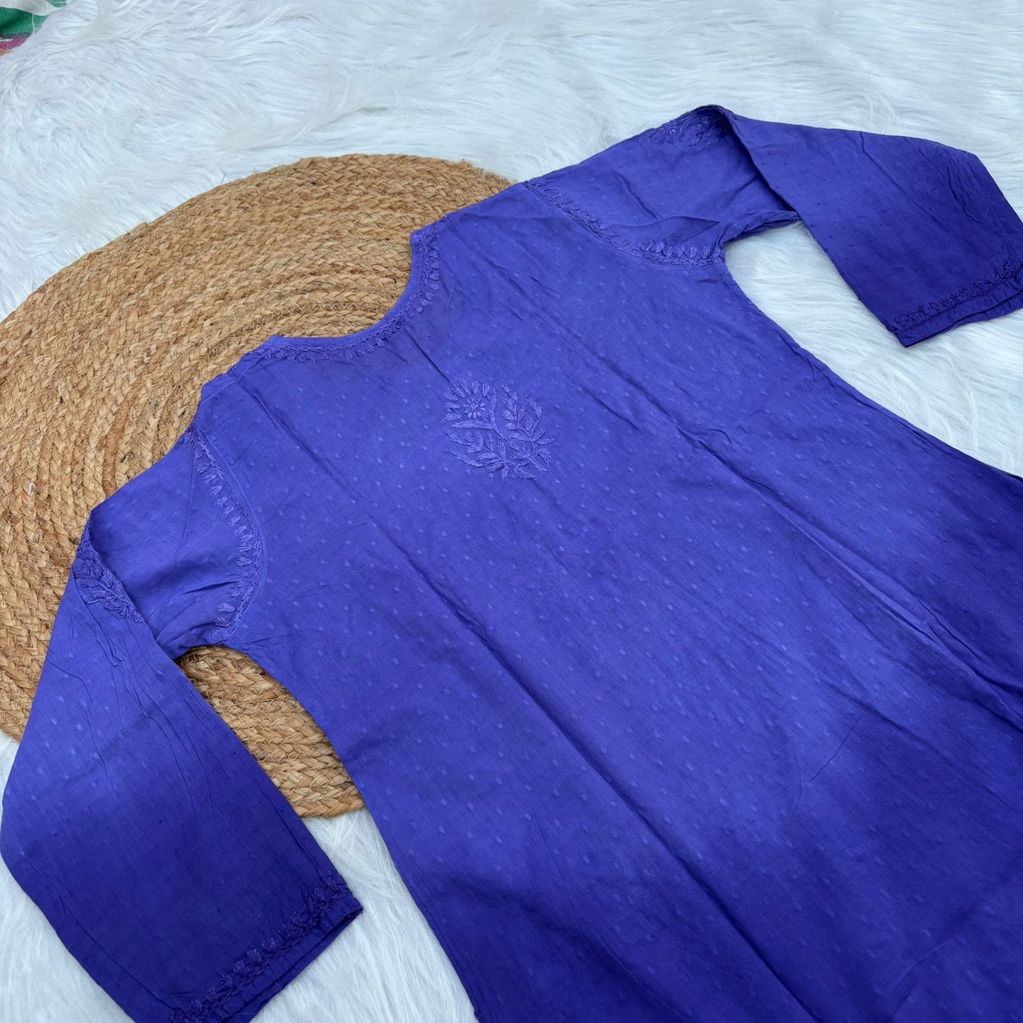 Tuba Ombre Shaded Dobby Cotton Chikankari Kurti - Purple Colour