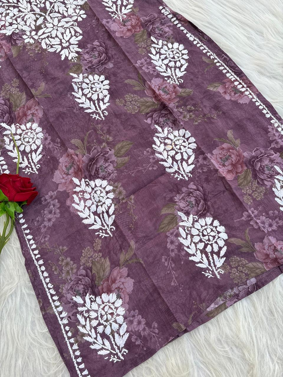 Zaina Pure Mulmul Chikankari Handwork Kurti - Purple Colour