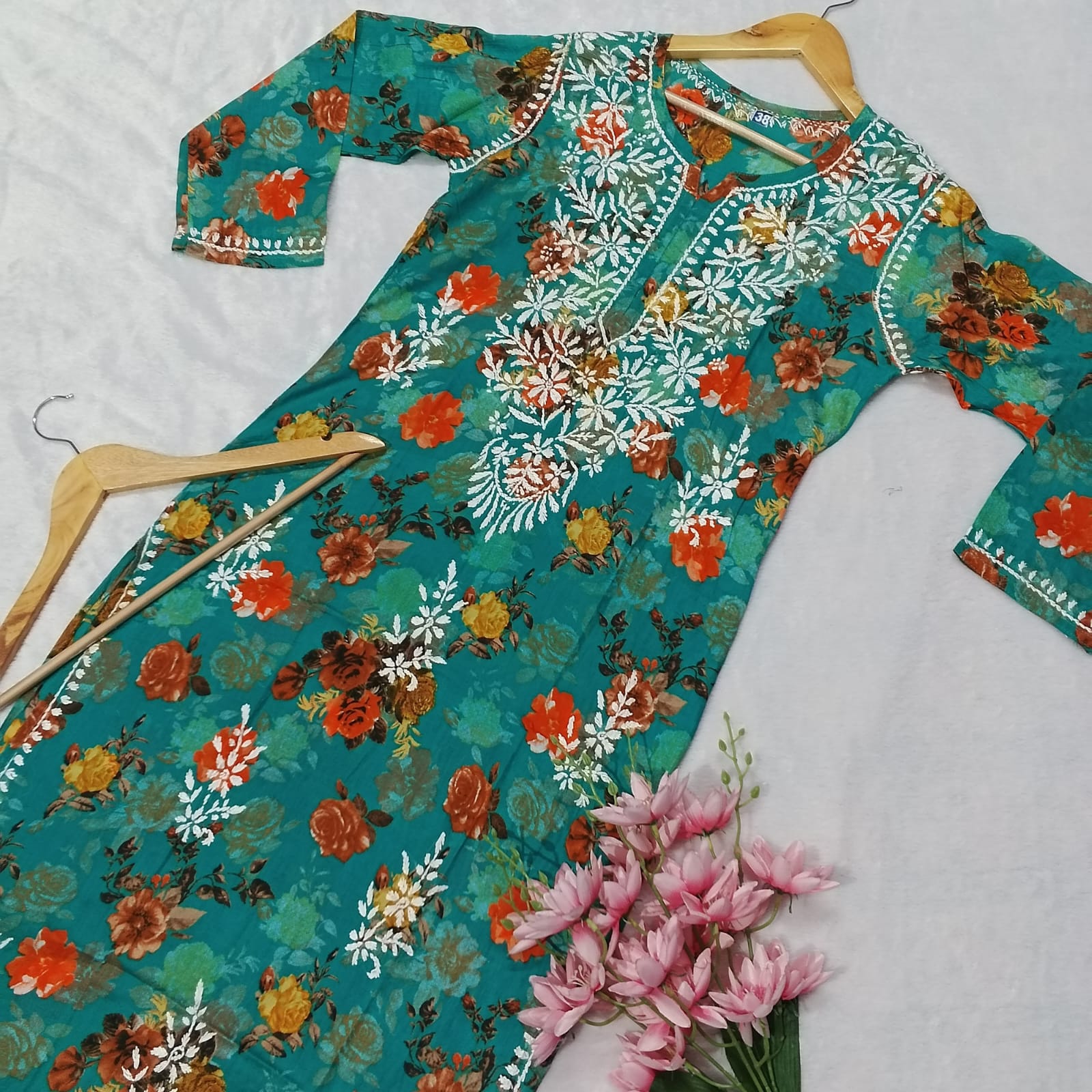 MULMUL FLORAL PRINTED CHIKANKARI KURTI - SEA GREEN COLOUR - chikankaar