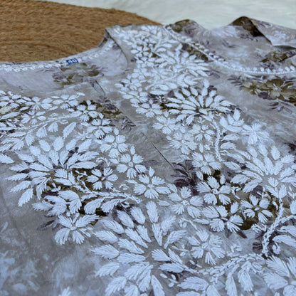 Fawziya Pure Mulmul Chikankari  Handwork Kurti - Brown Colour