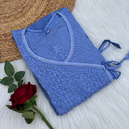 Shazia Ombre Shaded Dobby Cotton Chikankari Angarakha - Ocean Blue Colour