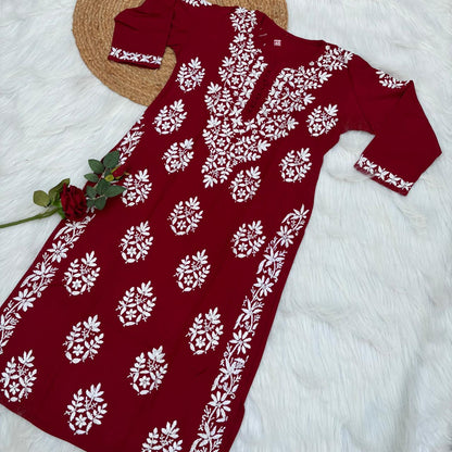 Ameena Soft Rayon Chikankari Kurti - Maroon Colour