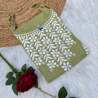 Safa Rayon Chikankari Noodle Strap Short Kurti - Pista colour (Length - 38")