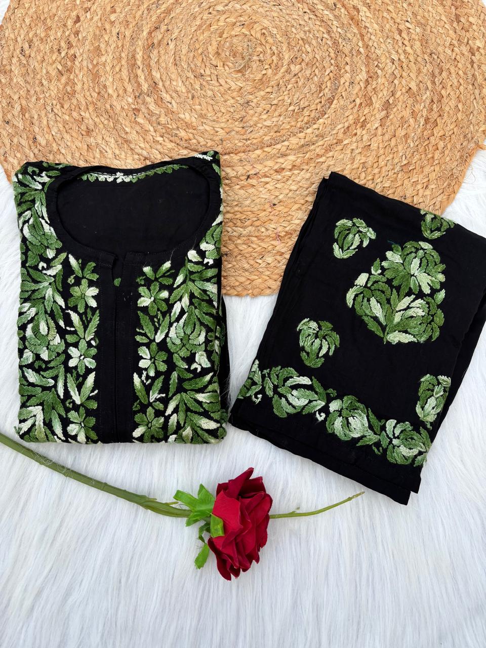 Rida Rayon Handwork Chikankari Kurti Set - Green Colour