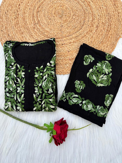 Rida Rayon Handwork Chikankari Kurti Set - Green Colour