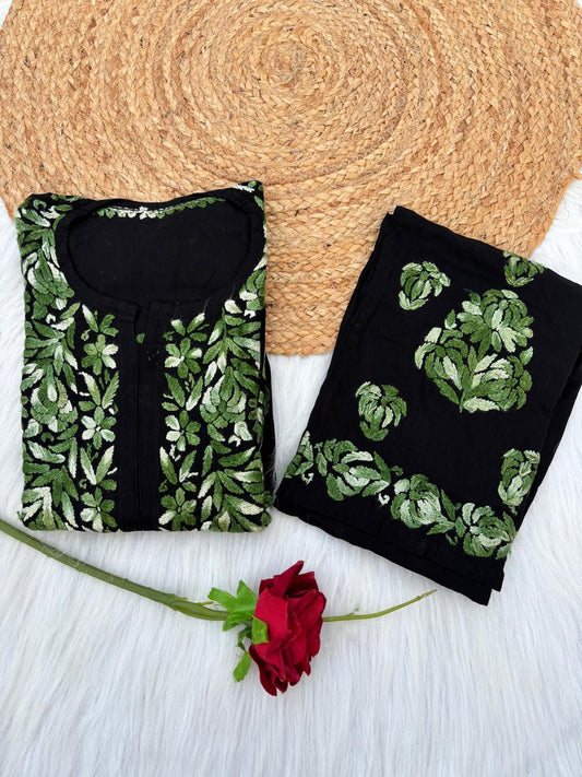 Ishika Rayon Handwork Chikankari Kurti Set - Green Colour