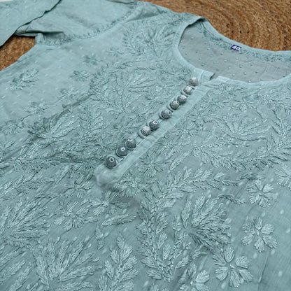 Farah Ombre Shaded Dobby Cotton Chikankari Kurti - Pista green colour