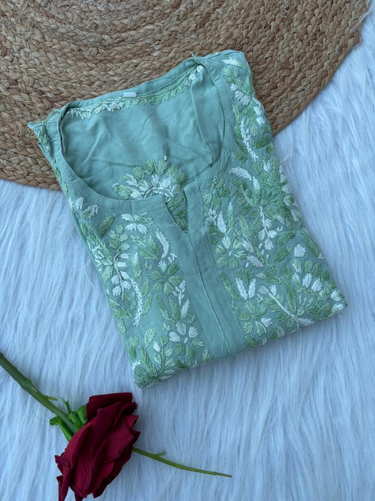 Roohi Rayon Tone To Tone Lucknowi Handwork Chikankari Kurti - Pista Color