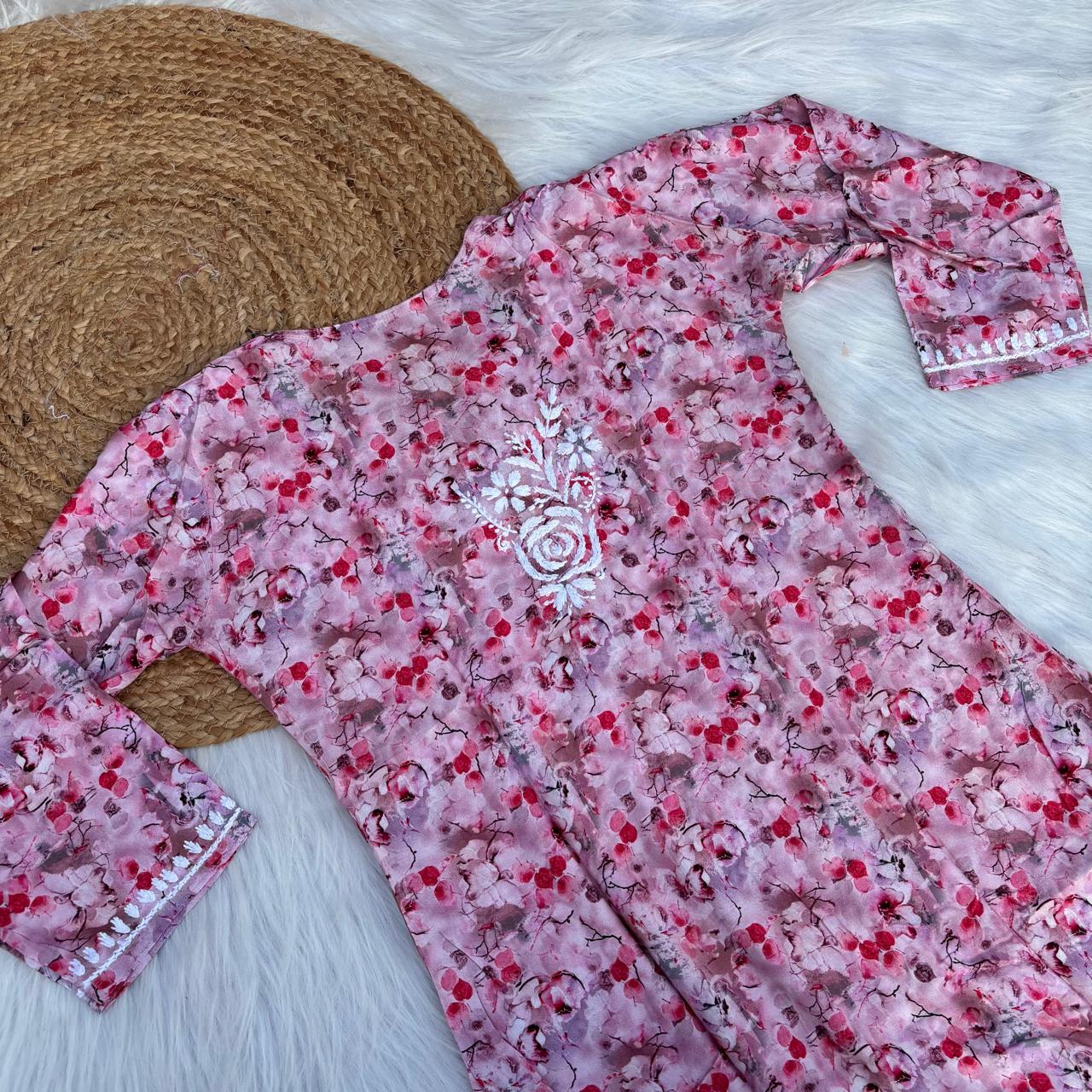 Hina Rayon Rose work Lucknowi Chikankari kurti - Blush Colour