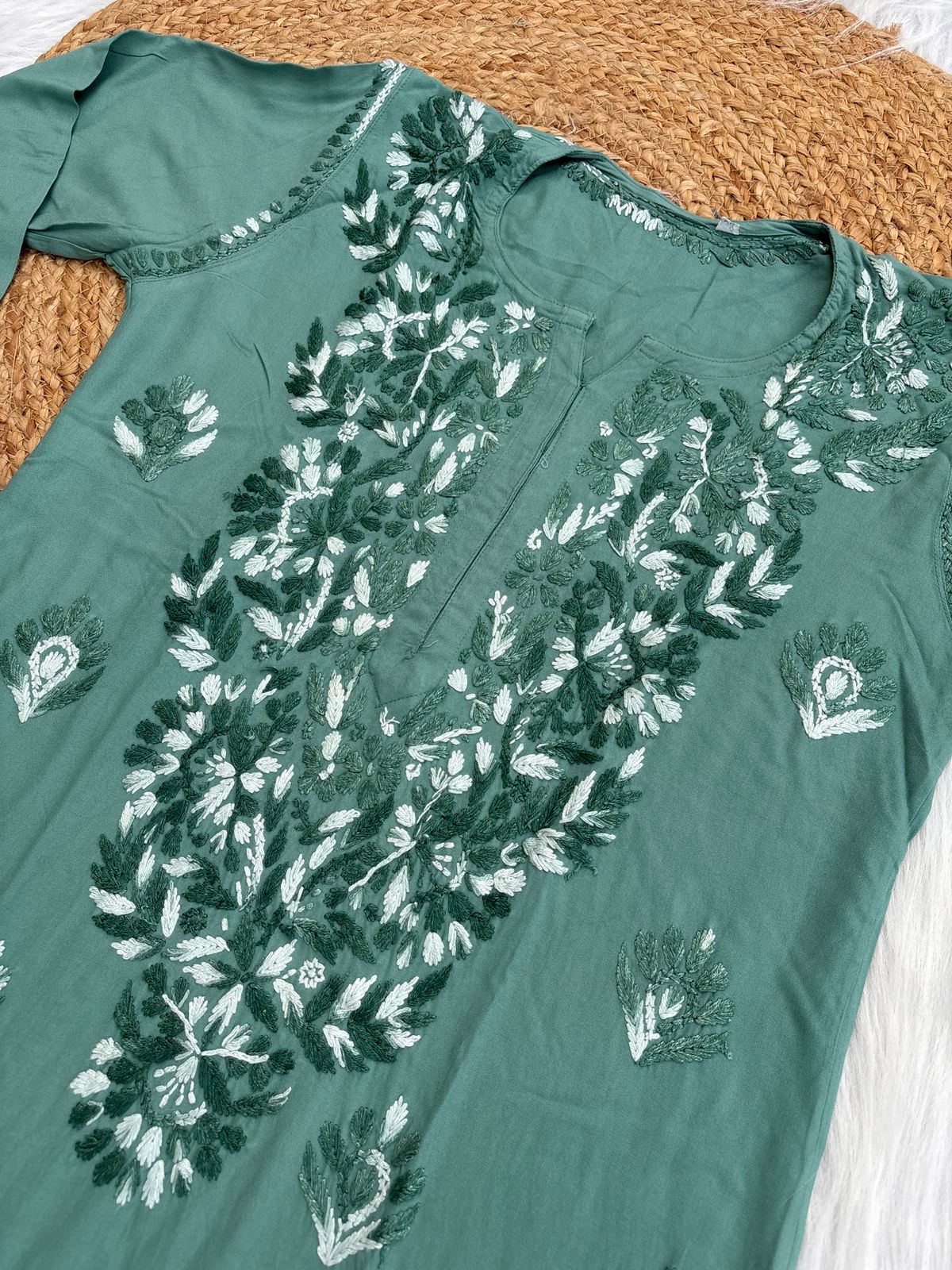 Roohi Rayon Tone To Tone Lucknowi Handwork Chikankari Kurti - Sea Green Color