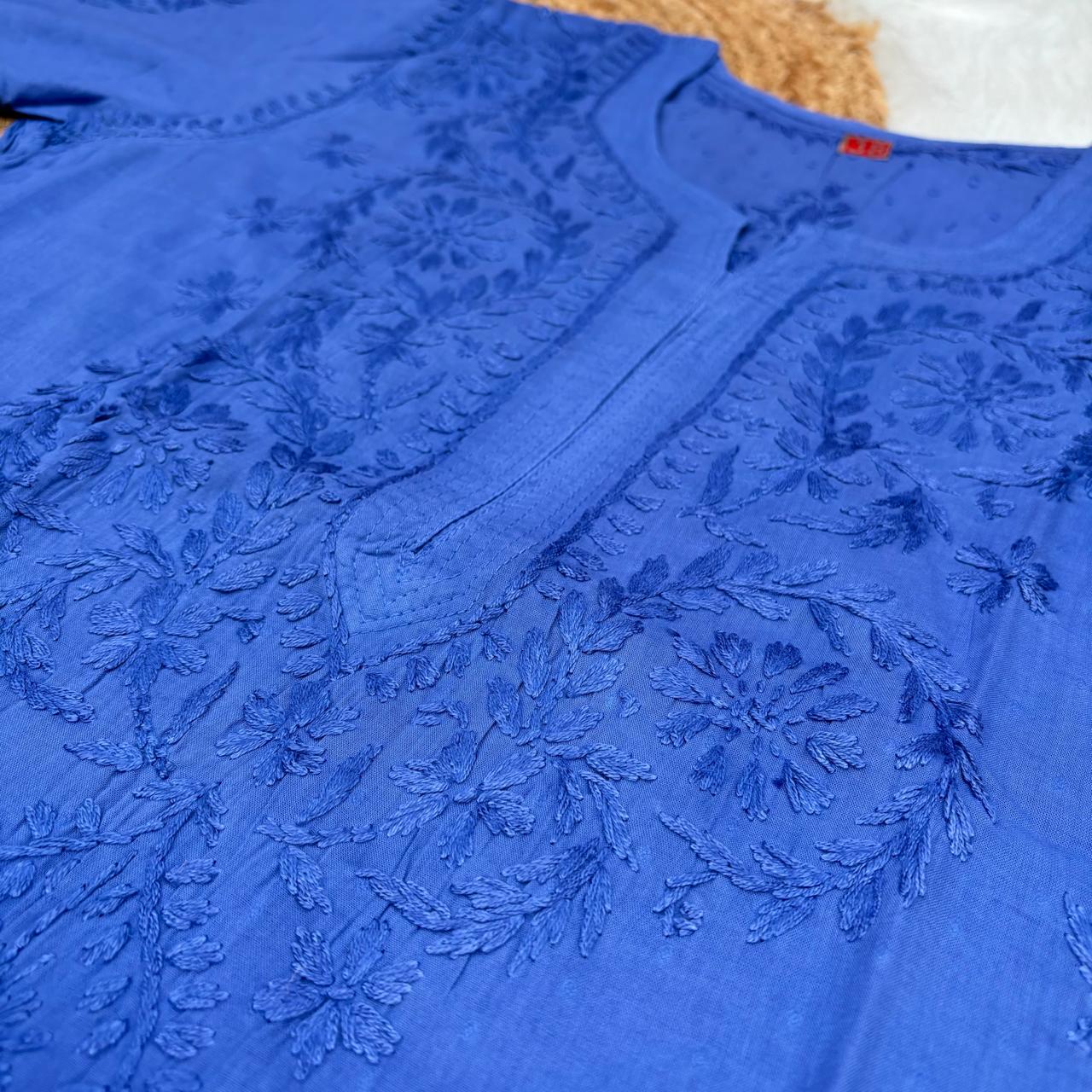 Tuba Ombre Shaded Dobby Cotton Chikankari Kurti - Royal Blue Colour