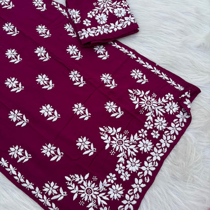 Maya Rayon Chikankari Kurti Plazo Set - Wine Colour
