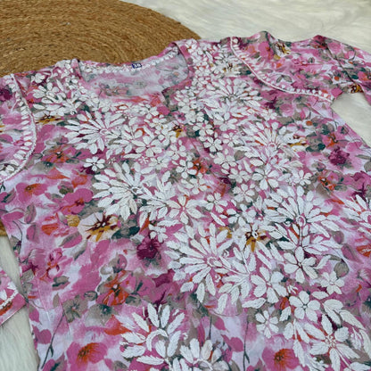 Yasmin Pure Mulmul Chikankari Handwork Kurti - Pink Colour