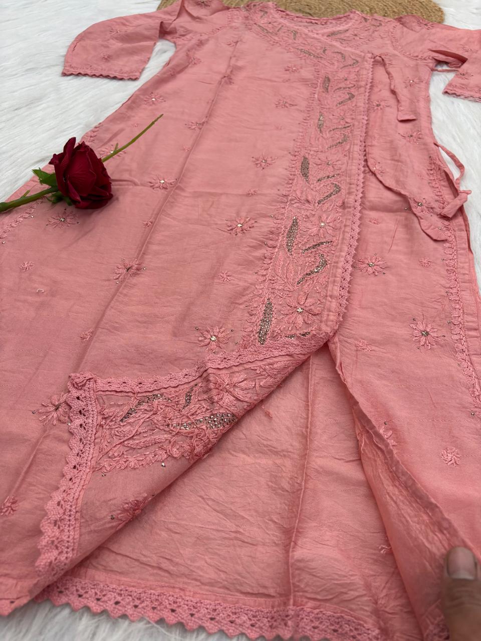 Naaz Chanderi Angrakha style Chikankari Kurti with Mukaish work - Dusty Peach Colour