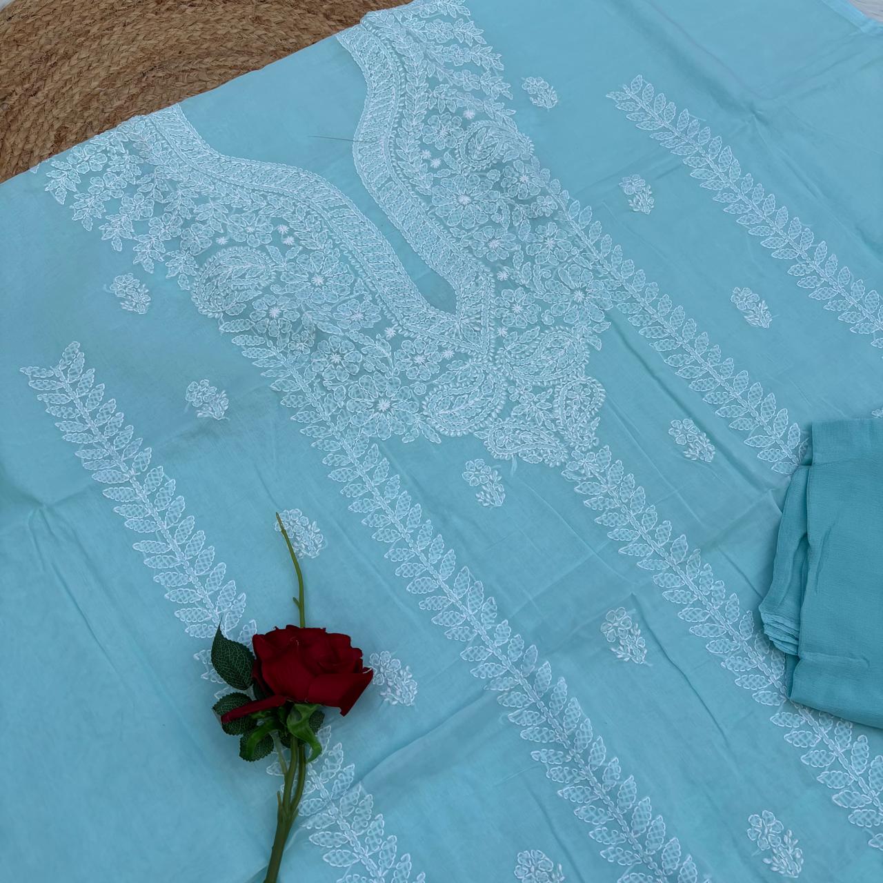 Madhuri Voile Cotton Chikankari Unstitched 3 pc set - Blue Colour