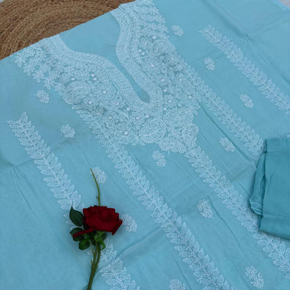 Madhuri Voile Cotton Chikankari Unstitched 3 pc set - Blue Colour