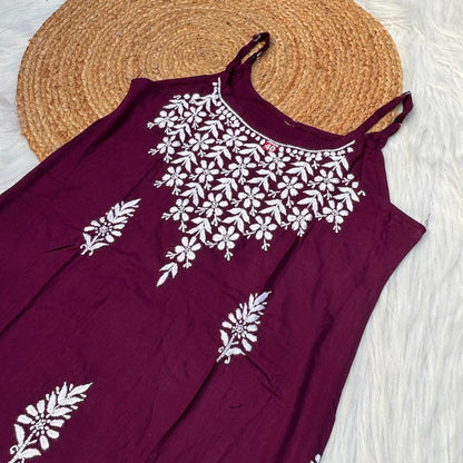 Safa Rayon Chikankari Noodle Strap Short Kurti -  Wine colour (Length - 38")