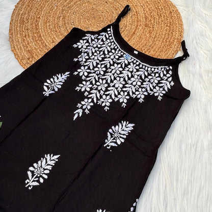 Safa Rayon Chikankari Noodle Strap Short Kurti -Black colour (Length - 38")