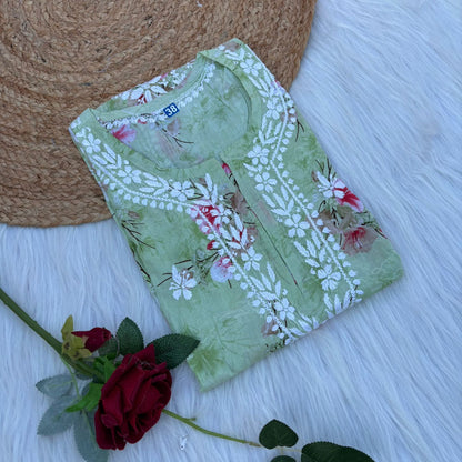 Rasha Pure Mulmul Chikankari Kurti - Pista Colour