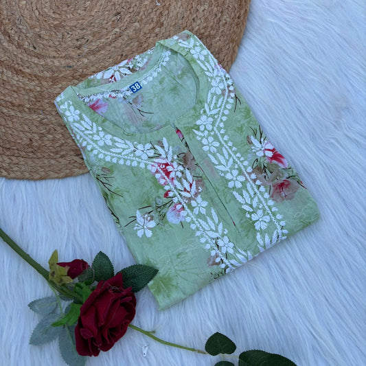 Rasha Pure Mulmul Chikankari Kurti - Pista Colour
