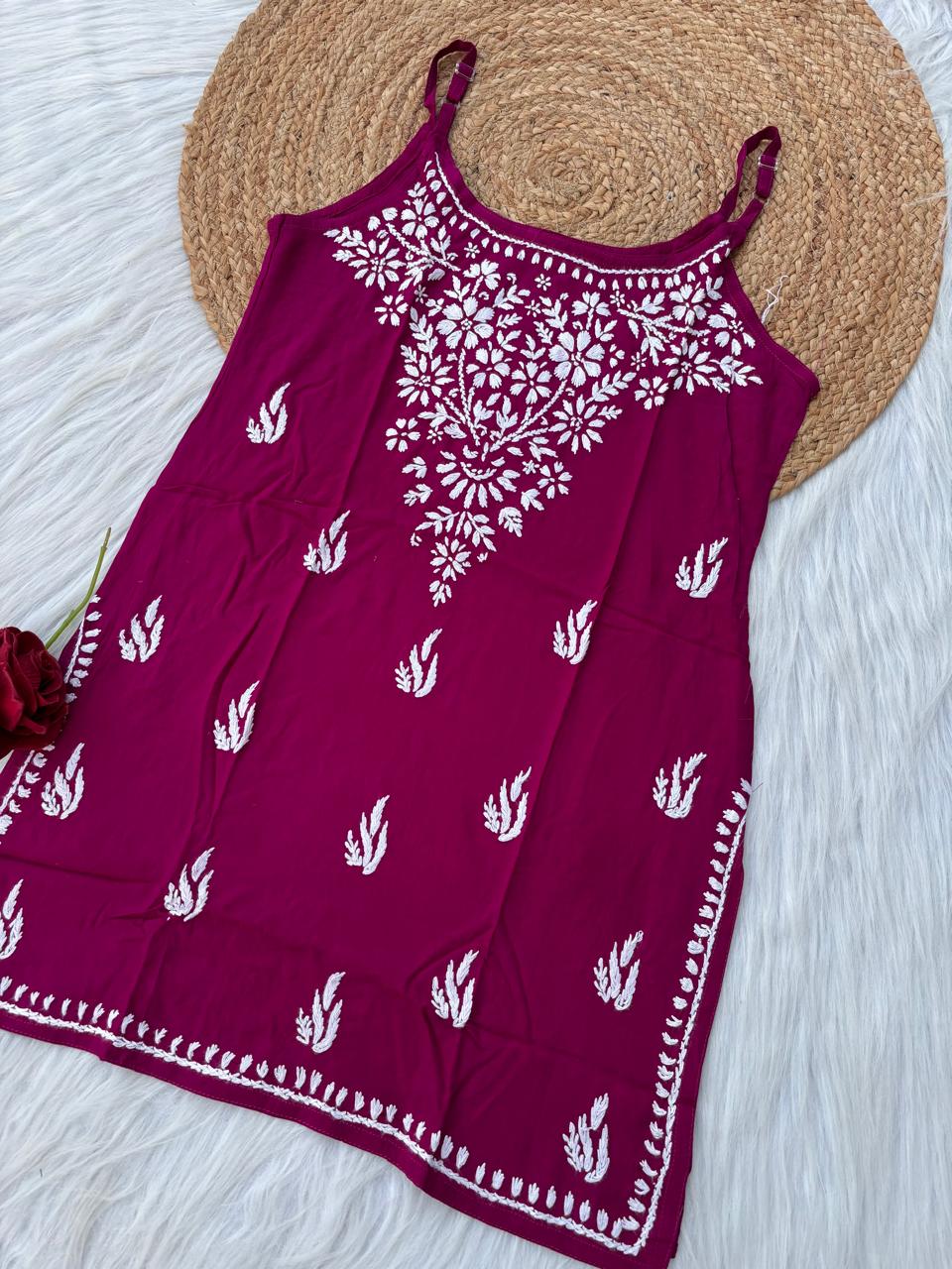 Ayla Rayon Handwork Chikankari Noodle Strap Short Kurti - Wine Colour