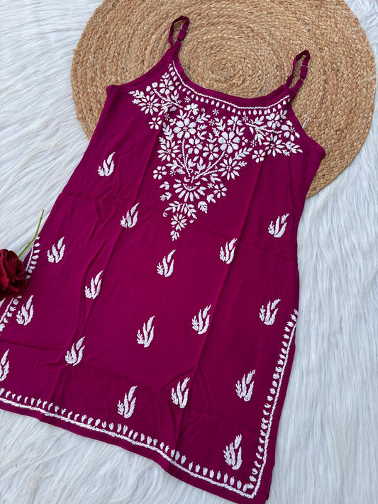 Ayla Rayon Handwork Chikankari Noodle Strap Short Kurti - Wine Colour
