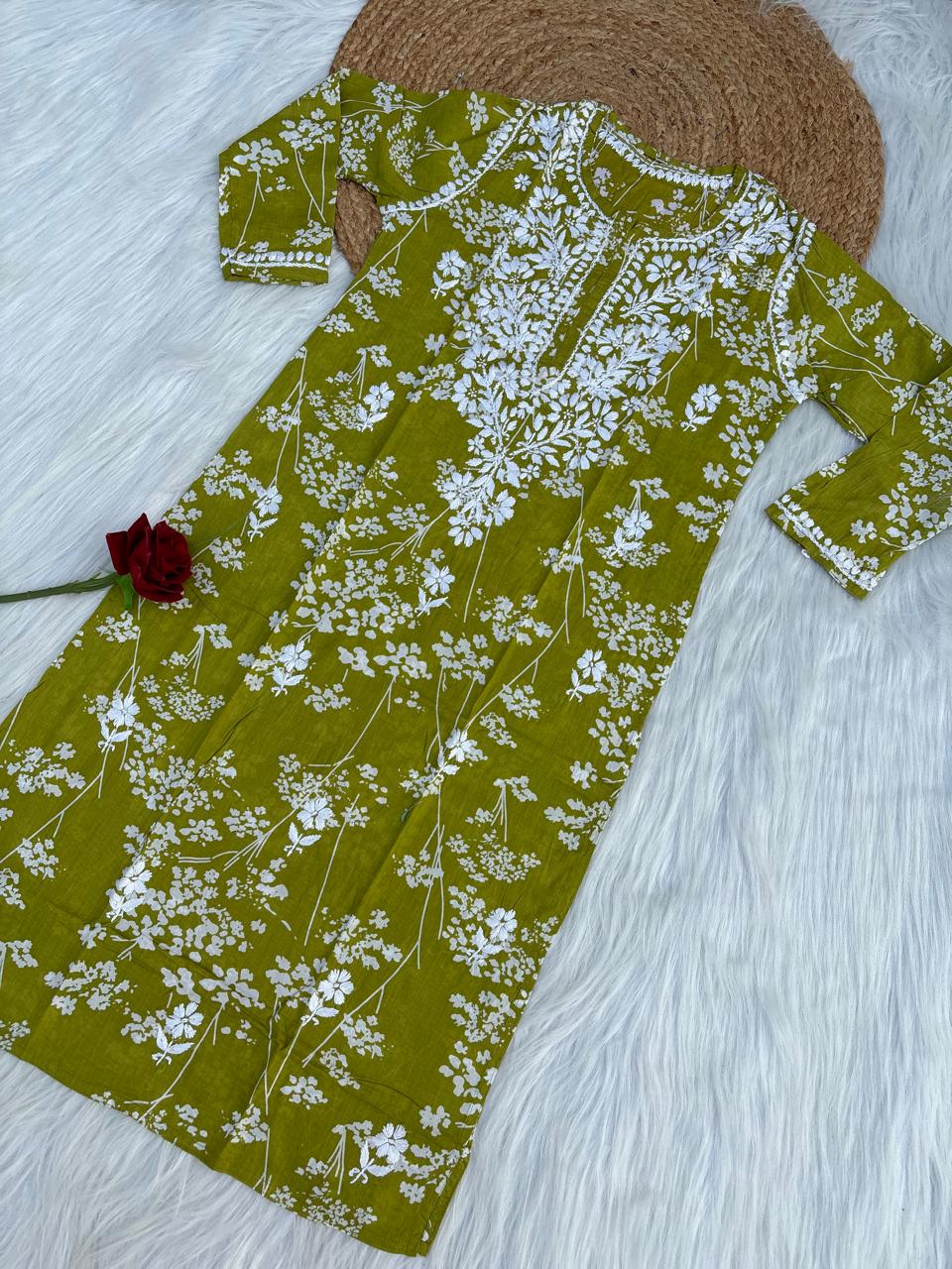 Sidra Pure Mulmul Chikankari Handwork Kurti - Green Colour
