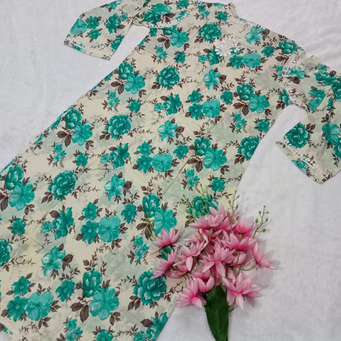 Pure Mulmul Cotton Chikankari Kurti With Floral Print -Sea Green Colour