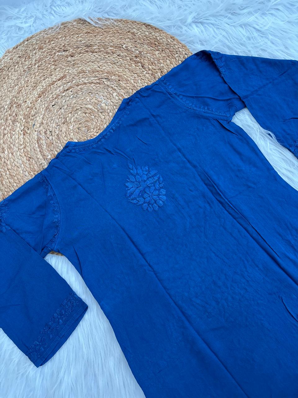 Azra Soft Rayon Dyeable Handwork Chikankari kurti Set - Blue Colour