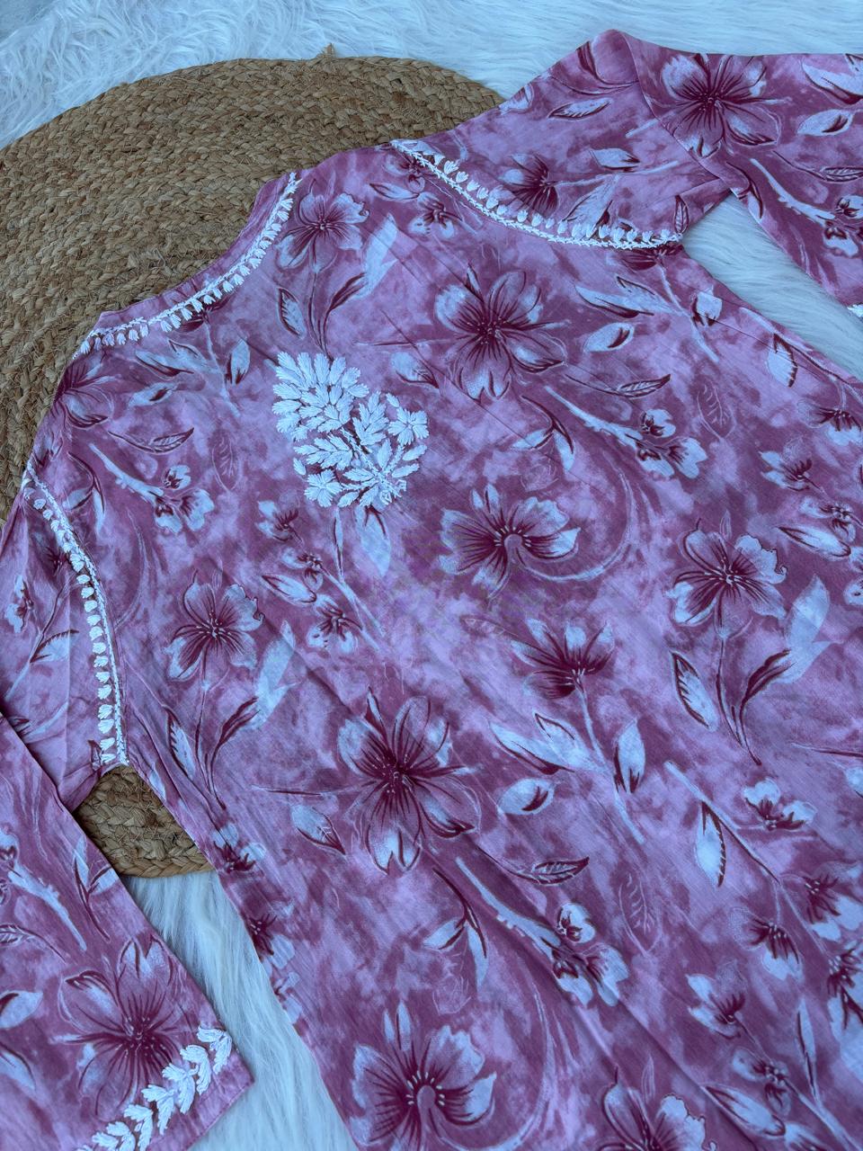 Shazia Mulmul Cotton Chikankari Kurti Set - Pink Colour