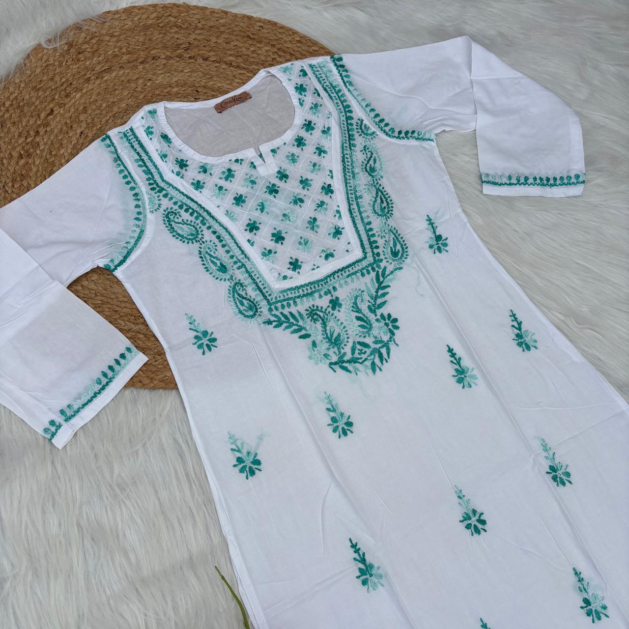 Zoya Cotton Lucknowi Chikankari Kurti - White Sea Green Color