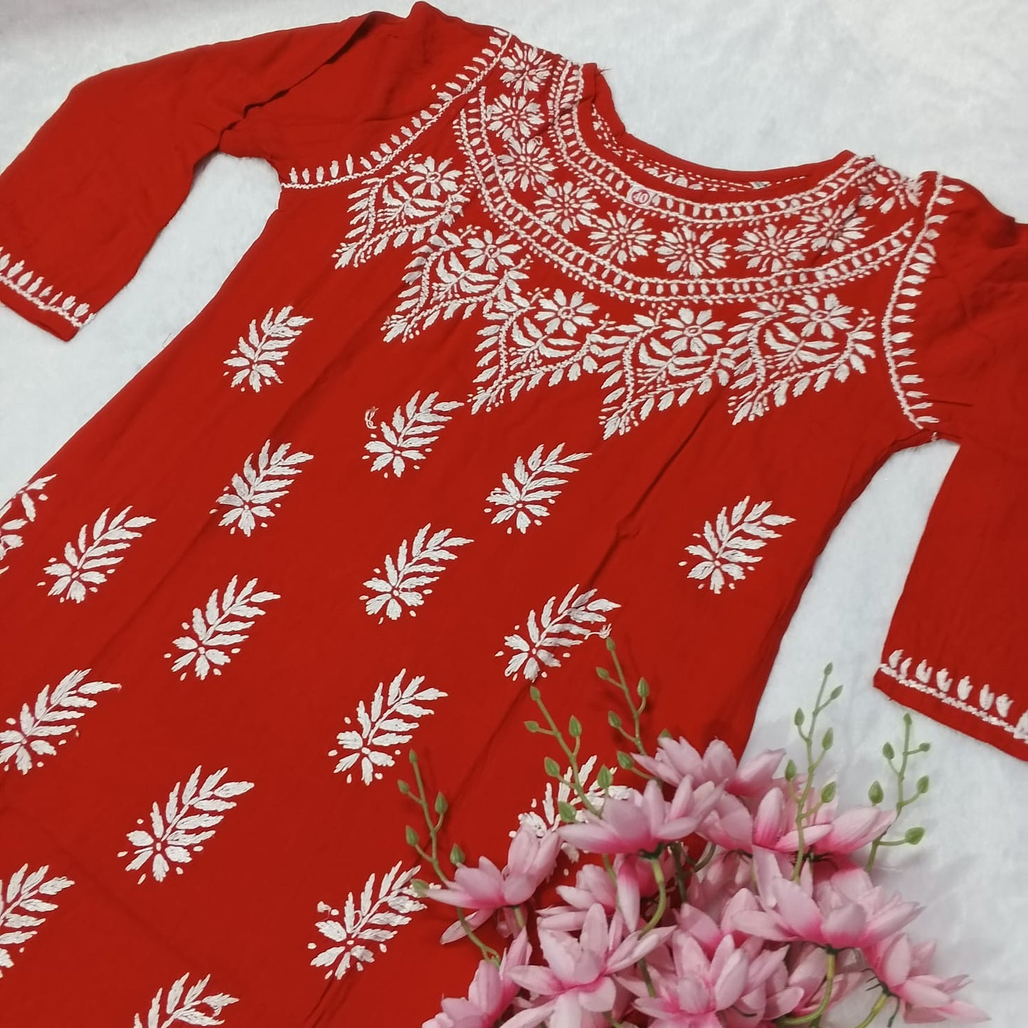 BOAT NECK RAYON CHIKANKARI KURTI -RED COLOUR