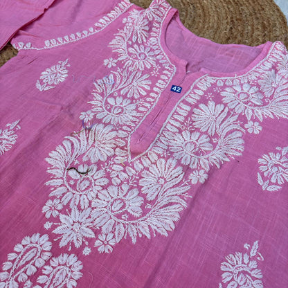 Isha Slub Cotton Chikankari Kurti - Peach color