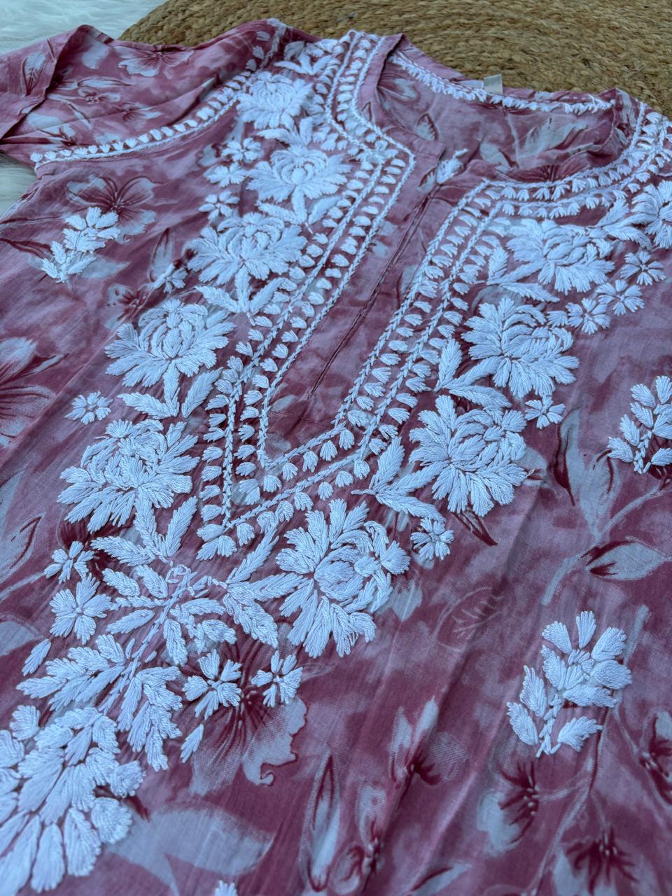Shazia Mulmul Cotton Chikankari Kurti Set - Pink Colour