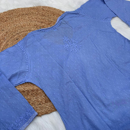 Shazia Ombre Shaded Dobby Cotton Chikankari Angarakha - Ocean Blue Colour