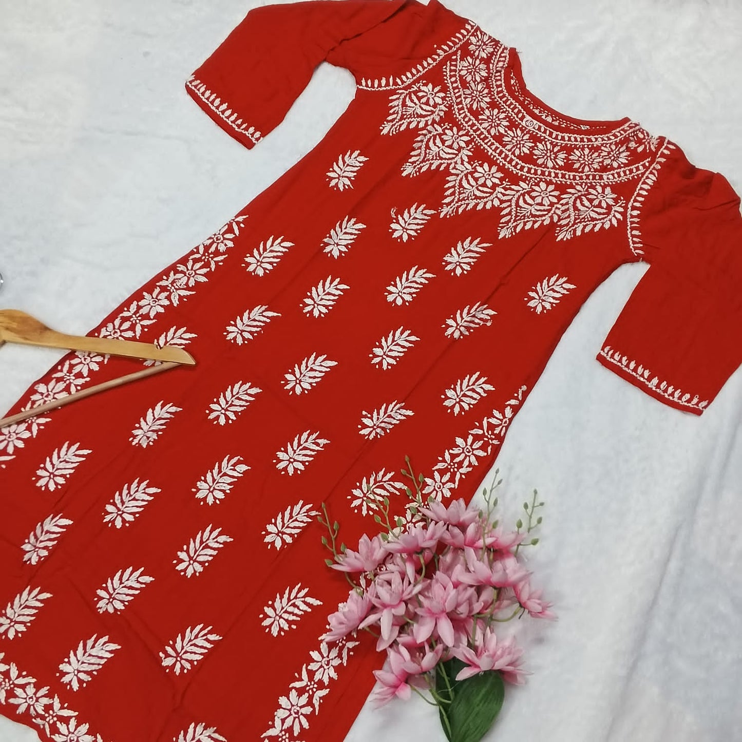 BOAT NECK RAYON CHIKANKARI KURTI -RED COLOUR