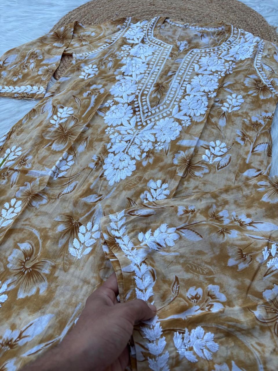 Shazia Mulmul Cotton Chikankari Kurti Set - Mustard Colour
