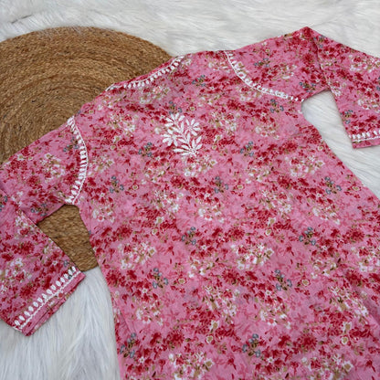 Rania Pure Mulmul Chikankari Handwork Kurti - Pink Colour