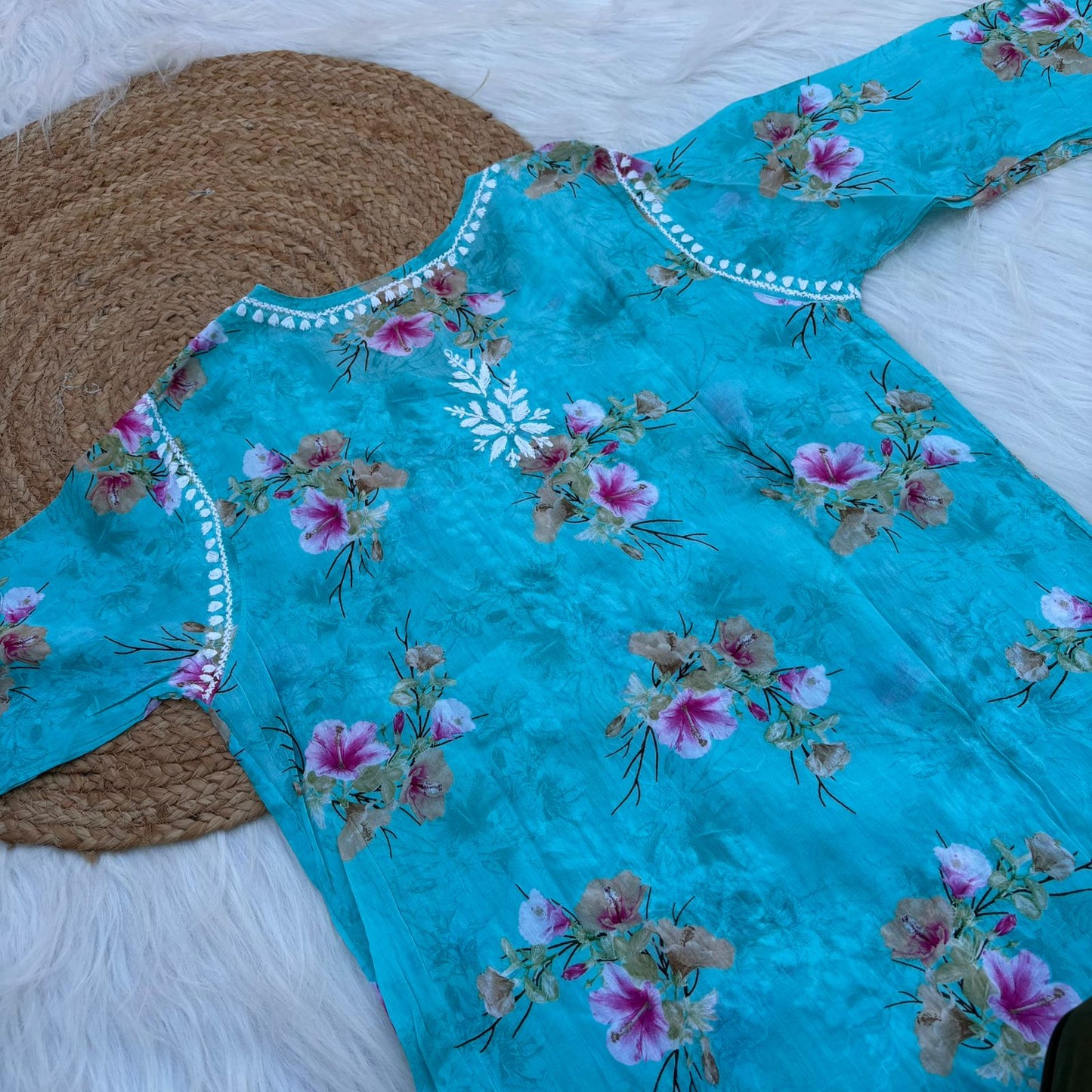 Rasha Pure Mulmul Chikankari Kurti - Sea Green Colour