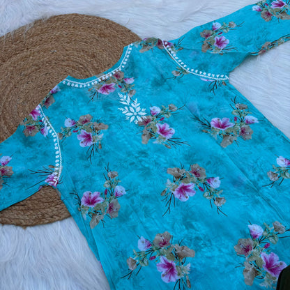 Rasha Pure Mulmul Chikankari Kurti - Sea Green Colour