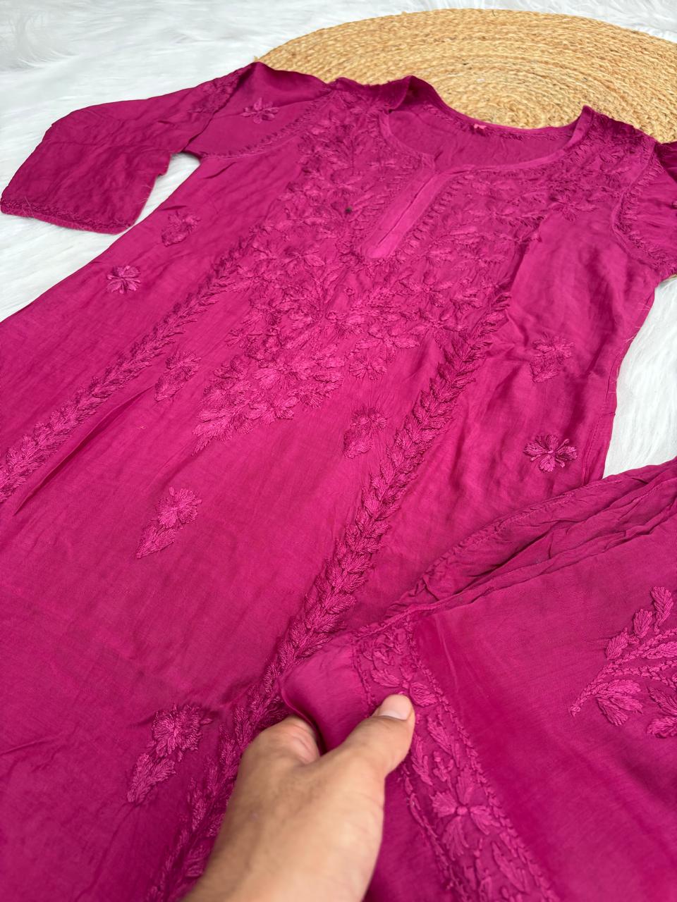 Nadia Muslin Lucknowi Chikankari Kurti Pant Set - Wine Color