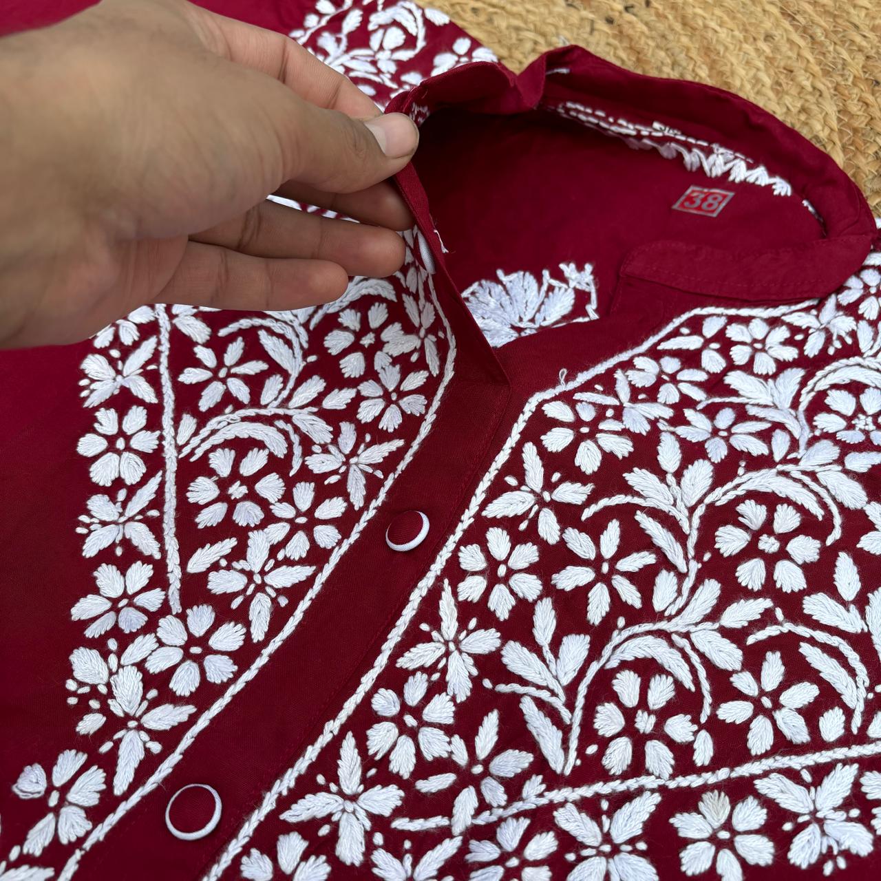 Rihana Rayon Chikankari Short Kurti Plazo Coord Set - Maroon colour