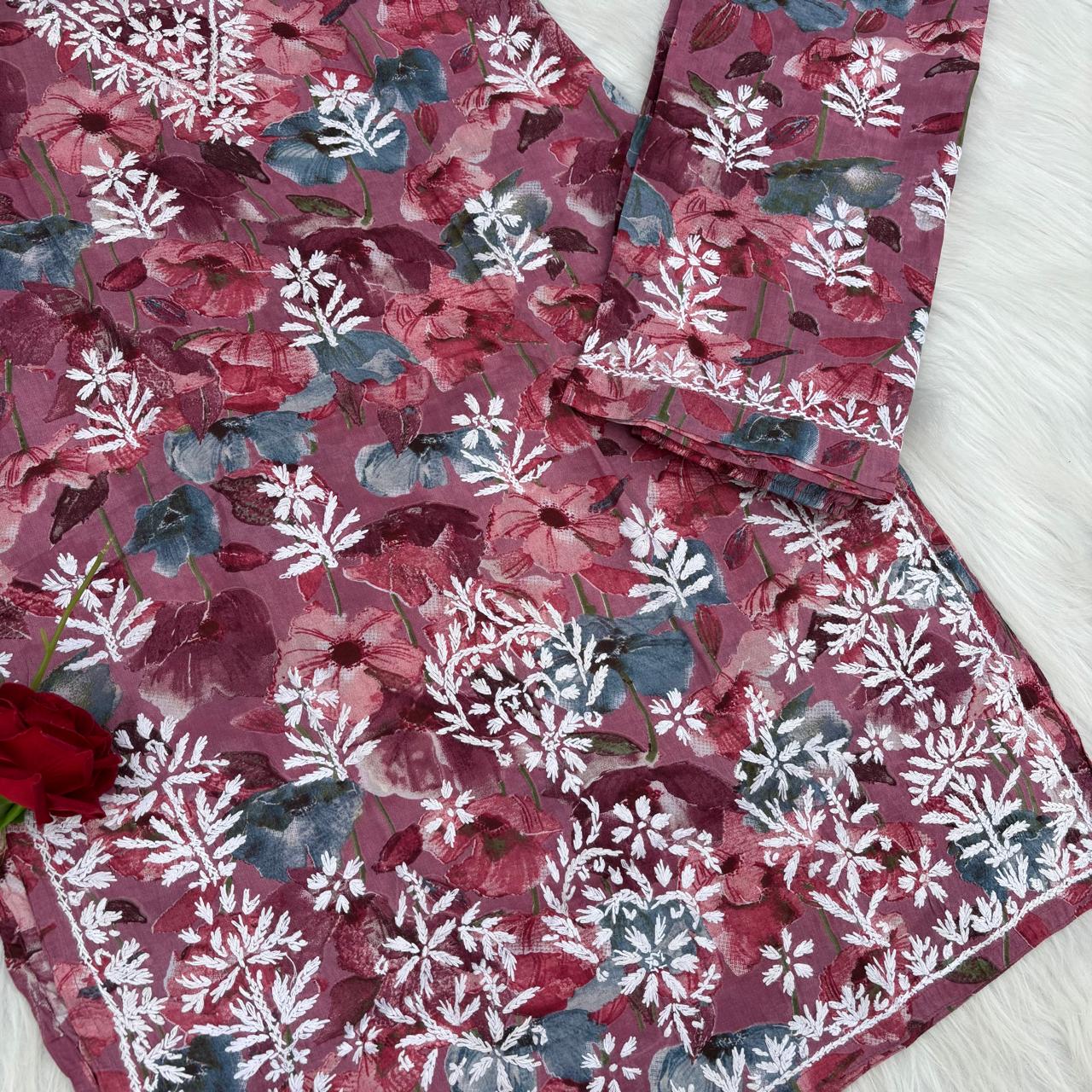 Jameela Mulmul Cotton Chikankari Kurti Set - Mauve Colour