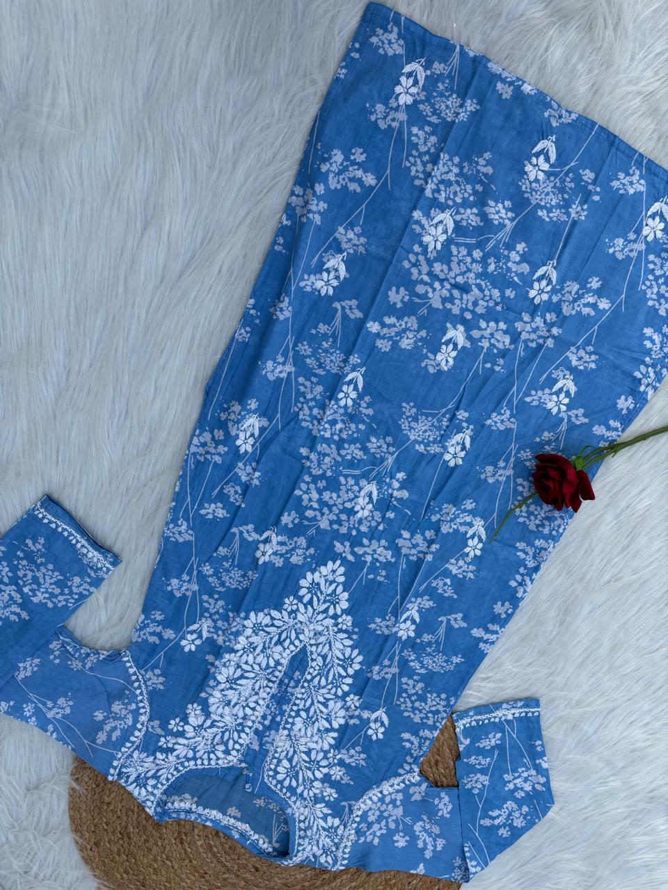 Sidra Pure Mulmul Chikankari Handwork Kurti - Blue Colour